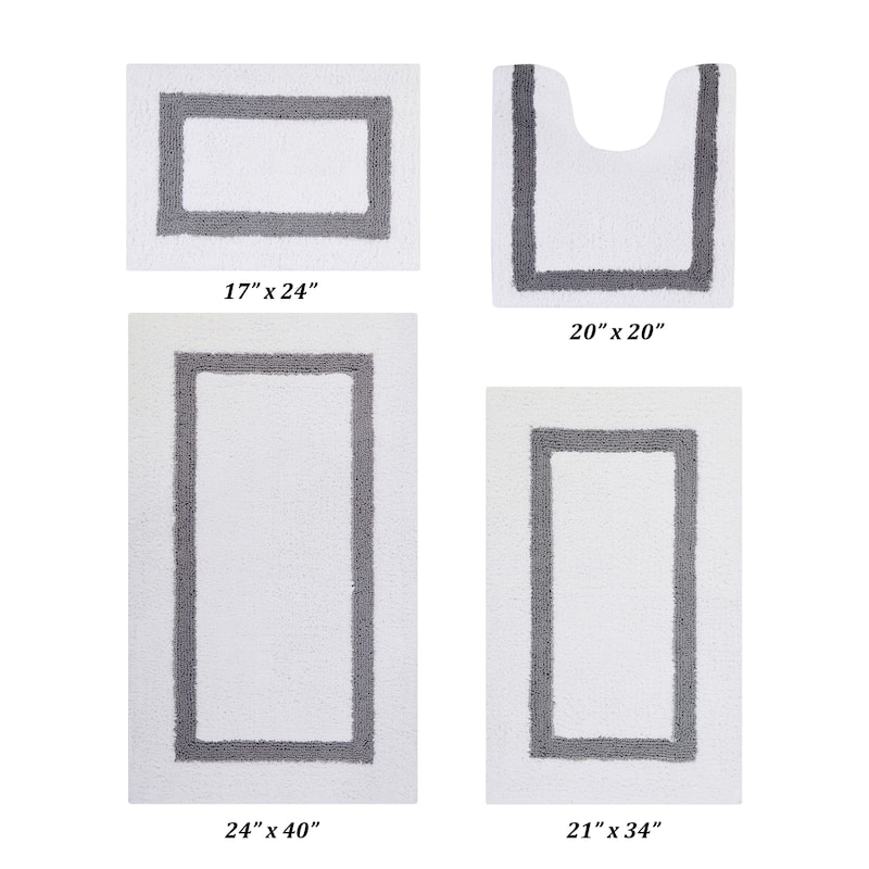 Better Trends Hotel Collection in Race Track 100% Cotton Super Absorbent Reversible Double Sided Machine Washable Bath Mat Rug - 4 Piece Set 17"x24" | 20"x20" | 21"x34" | 24"x40" - White & Gray