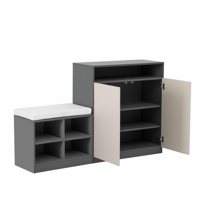 Living Room Cabinet with Shoe Bench, 2 Doors & 3-Tier Adjustable Shelves