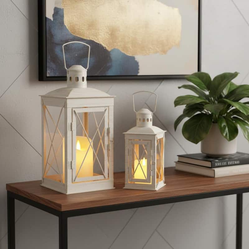 Set of Two Clear And White Glass And Metal Tabletop Lantern Candle Holders - Clear/White