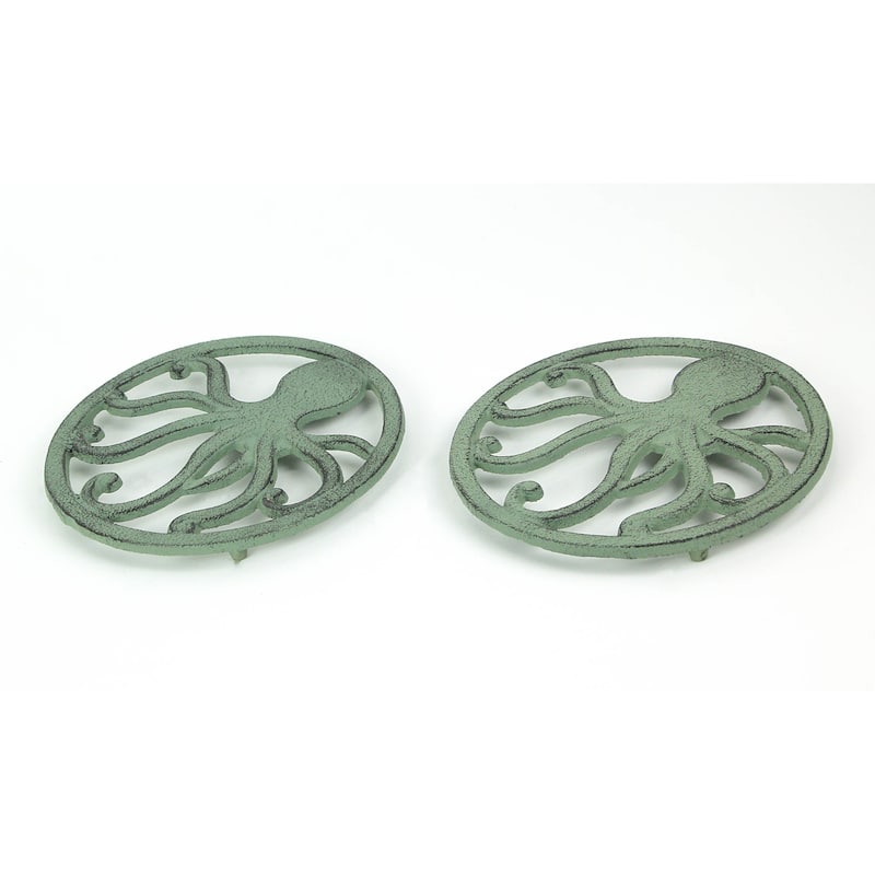 Distressed Coastal Cast Iron Octopus Sea Foam Green Trivet Set Of 2 - 0.25 X 7 X 7 inches
