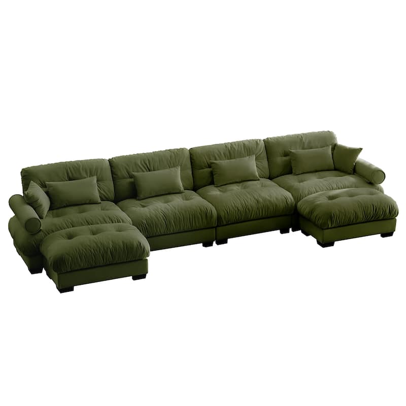 166" 4-Seat Velvet U-Shaped Sectional Cloud Couch with Movable Ottomans, Bolstered Armrests, and Included Pillows