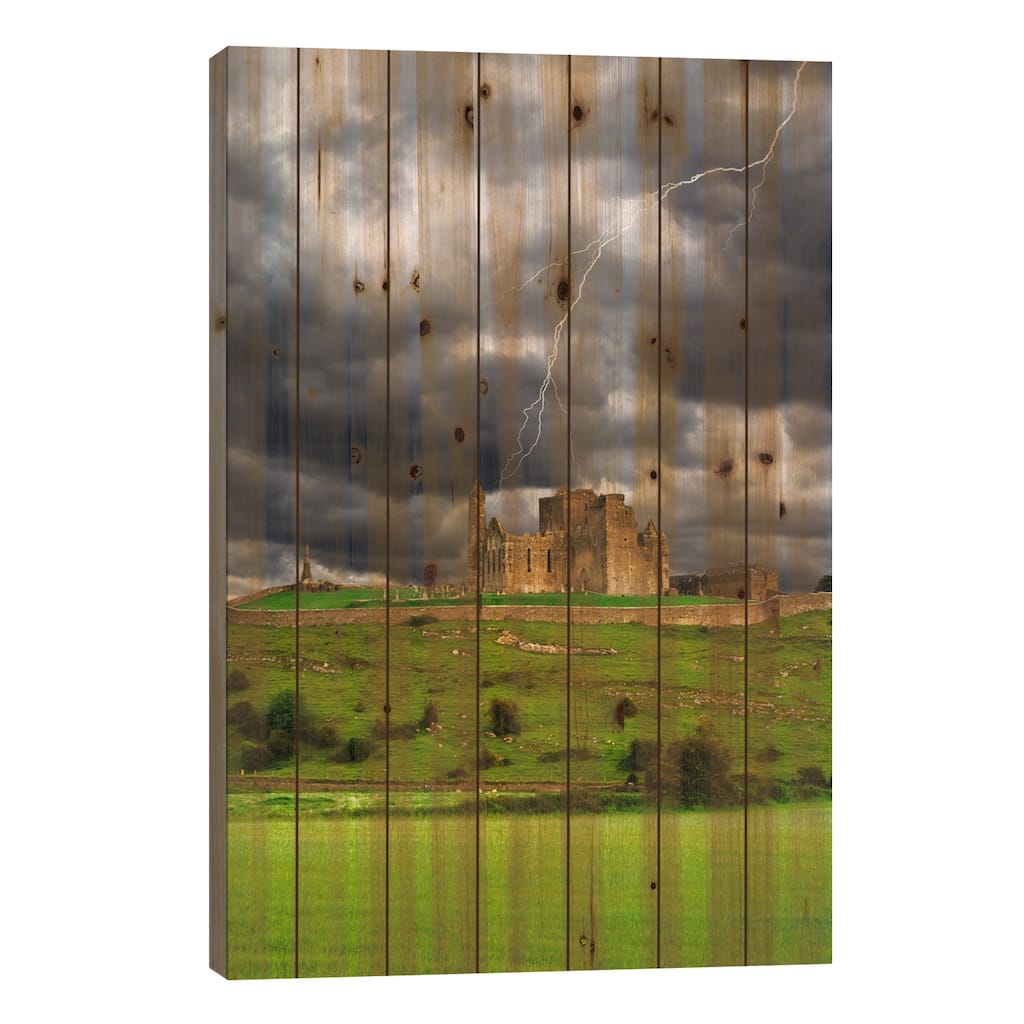 Lightning Bolt Over Rock Of Cashel, County Tipperary, Munster Province, Republic Of Ireland Print On Wood by Dennis Flaherty