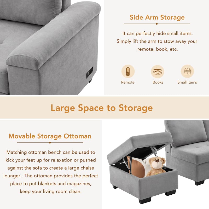 84.75'' L-Shape 5 Seat Sectional Sofa with Pull-Out Bed, Storage Ottoman, Hidden Arm Storage & USB Charging