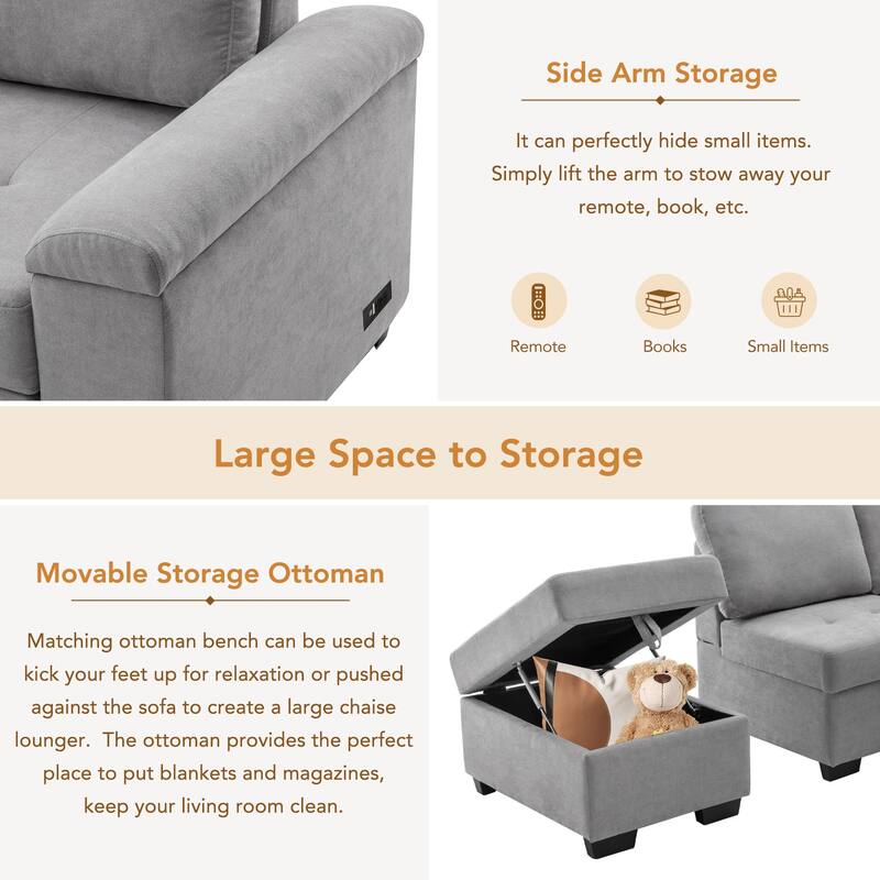 Corner Sleeper Sectional Sofa with Storage Ottoman & USB