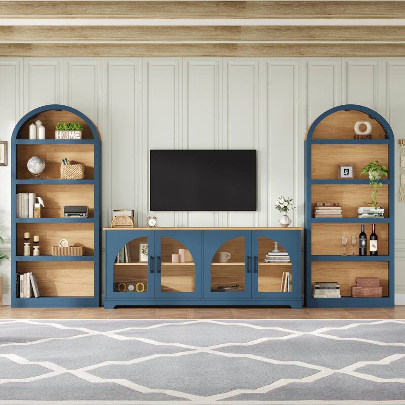 3-Piece Retro Entertainment Center for TVs up to 70", Two-Tone Farmhouse TV Stand with Sideboard & Bookshelf - Blue