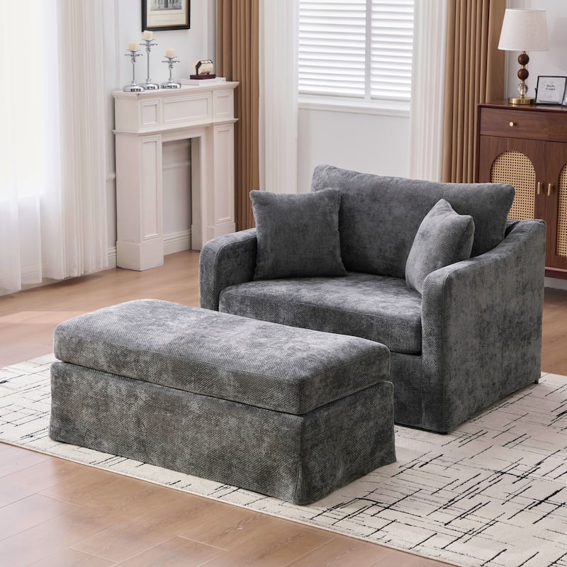 Set of Modern Chenille Accent Chair and Storage Ottoman