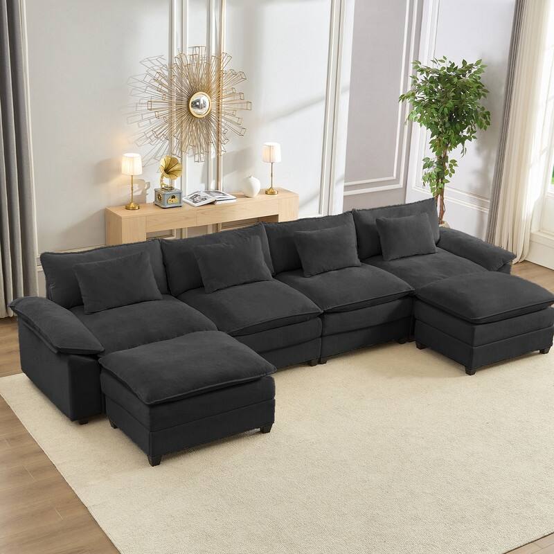 Modern 156''Oversized U-Shaped Modular Sectional Sofa with 2 Ottomans,6-Seat Cloud Couch,Chenille Sofa Sleeper Deep Seat Couches - Dark Grey - 4+2