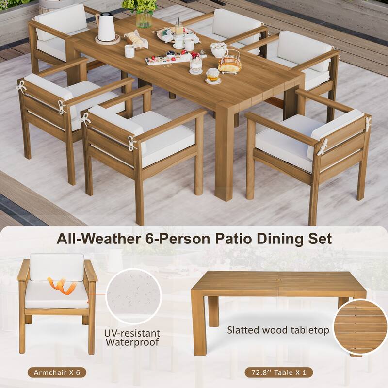 7-Piece Outdoor Patio Dining Set Wood Rectangular Dining Table and 6 Arm Chairs with Parasol Hole and Removable Cushions