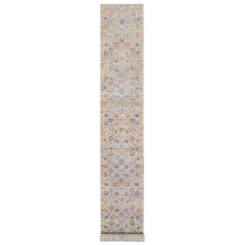 Shahbanu Rugs Colorful Hand Knotted Tabriz Vase With Flower Design Silk With Textured Wool XL Runner Oriental Rug (2'5" x 20'0")