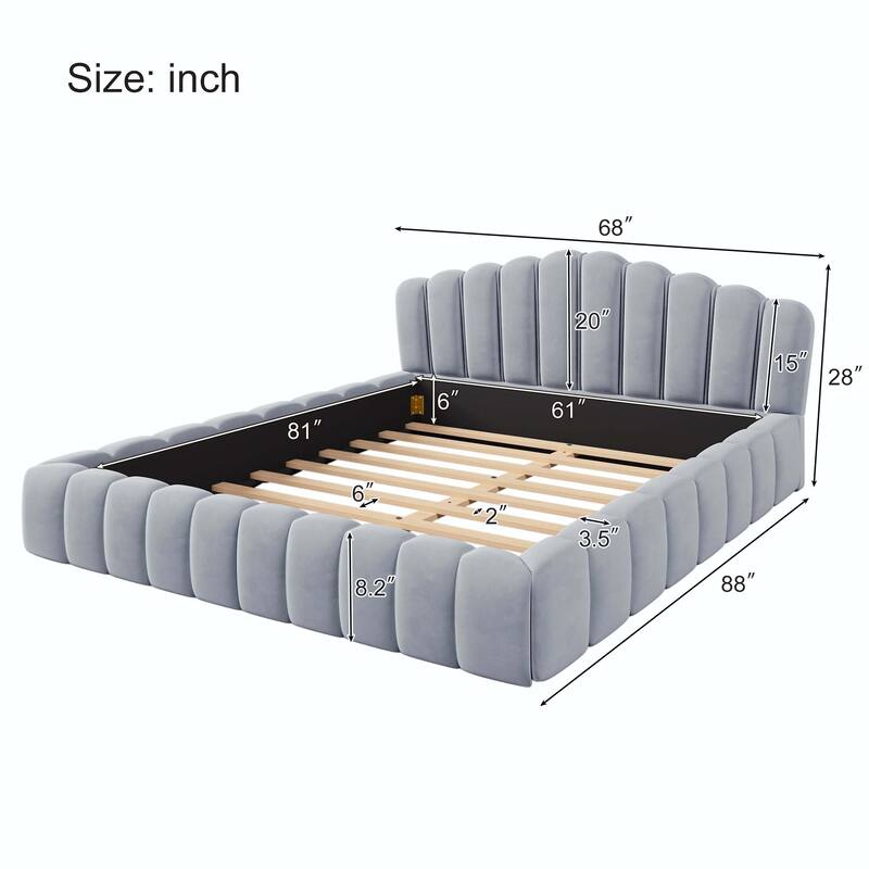 Velvet Upholstered Floor Bed Frame Shell-Shaped Headboard
