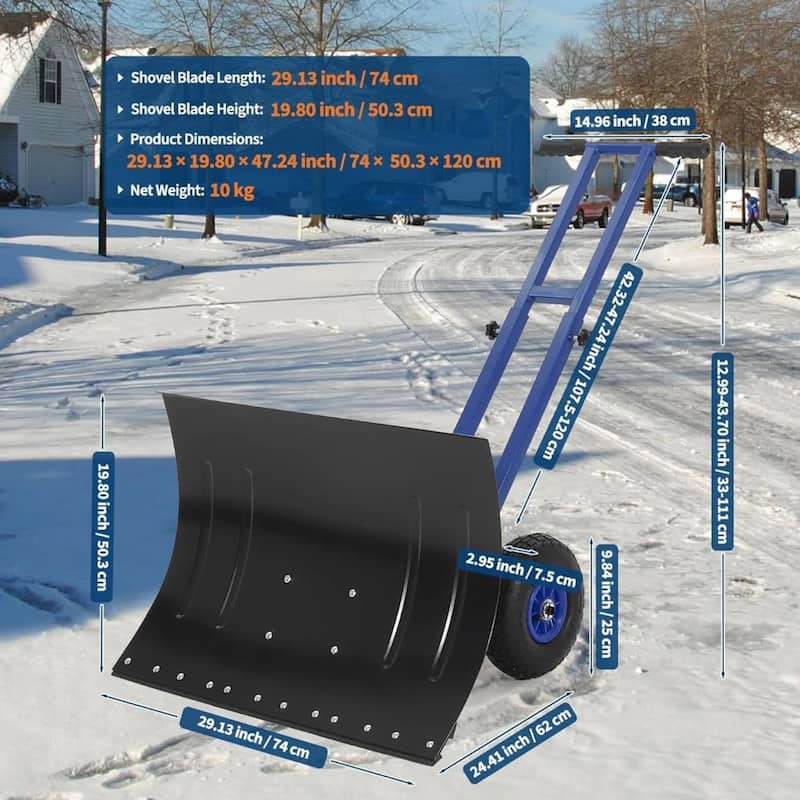 29.13x19.8 in Heavy Duty Rolling Snow Pusher Shovel for Driveway, Doorway, Sidewalk