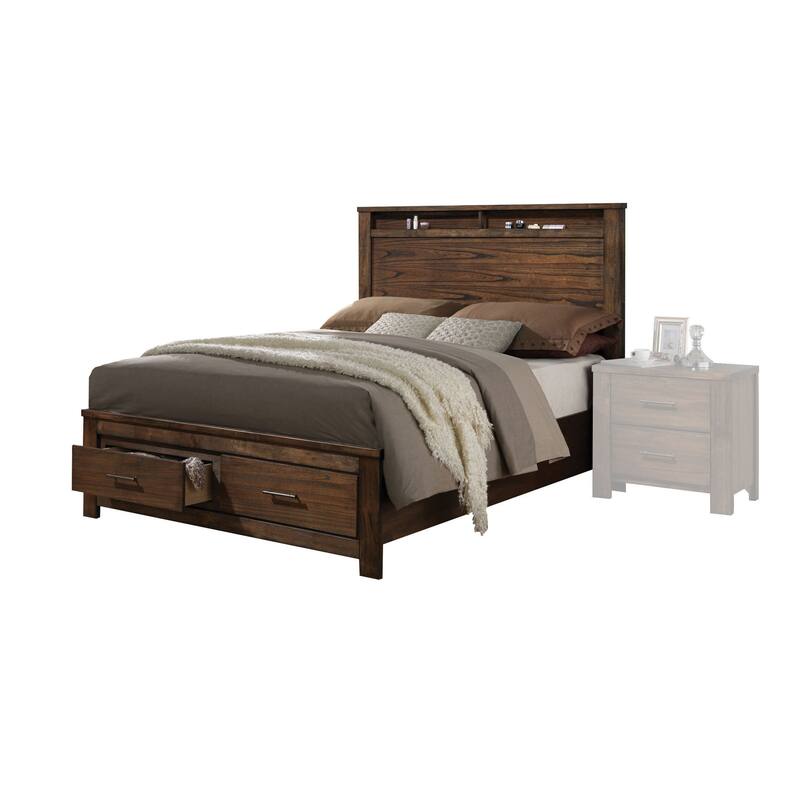 Oak Finish Bed with Storage and Panel Headboard