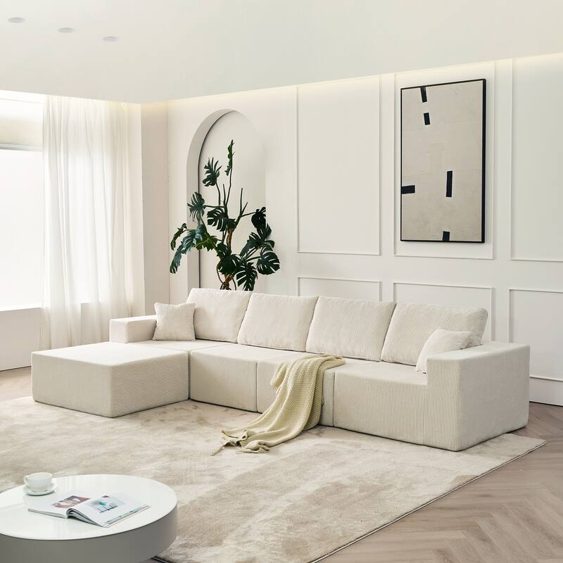 139.3" Modular Sectional Sofa, Boneless Couch, No Assembly, Cloud Couch with Ottoman & 2 Pillows, Beige