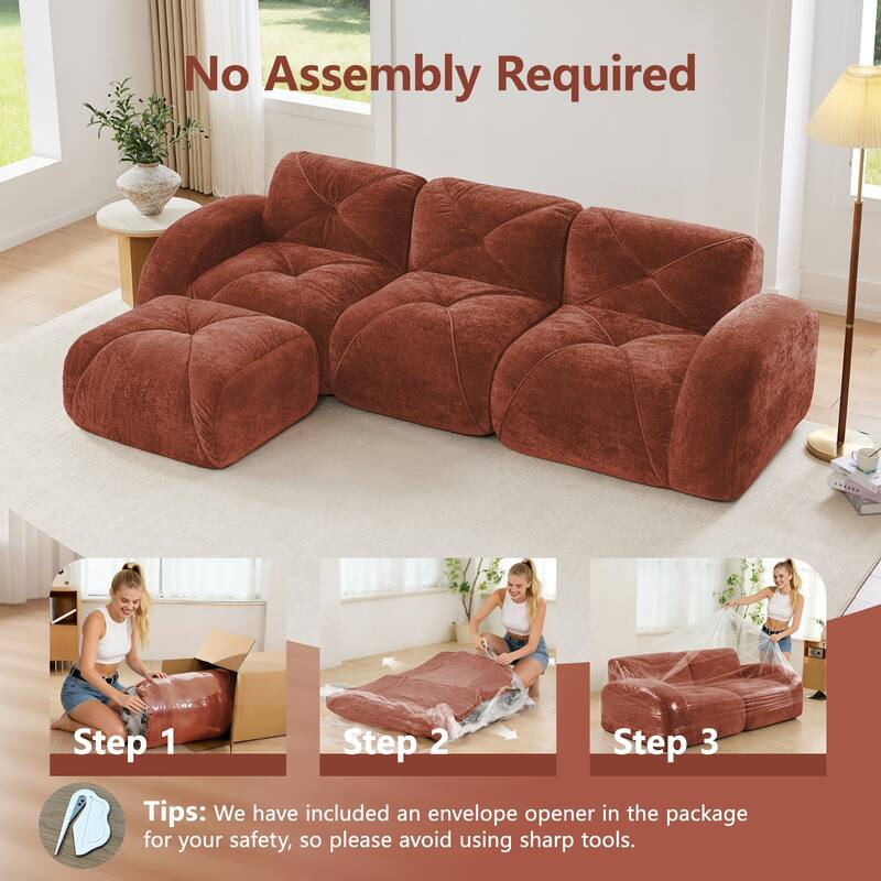 Rossetta 110'' 3-Seater L-Shaped Anti-Slip Design Retro Classic Color Velvet Tufted Modular Boneless Sofa with 1 Movable Ottoman