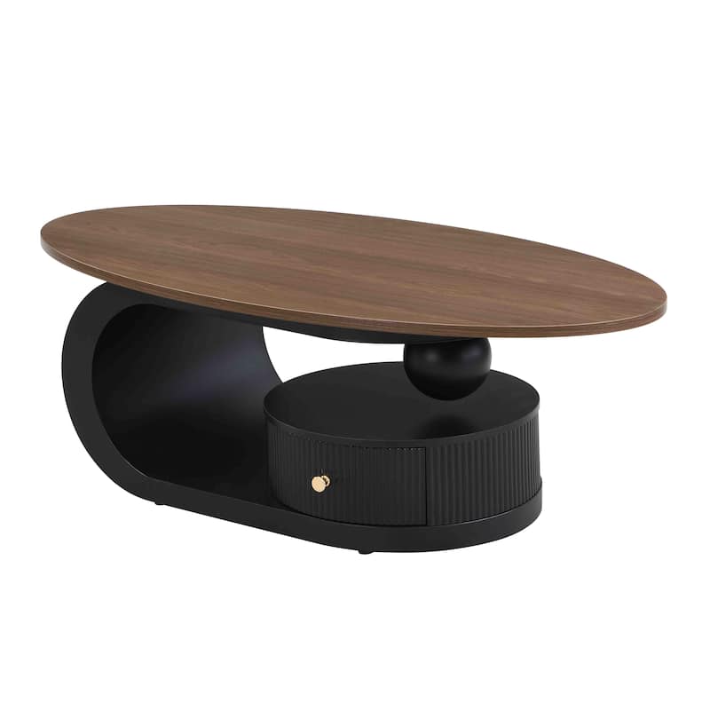 Nesting Coffee Table Set of 2, Wood Top Storage Center Table with Drawers, Oval Cocktail Table and Round Side Table Set