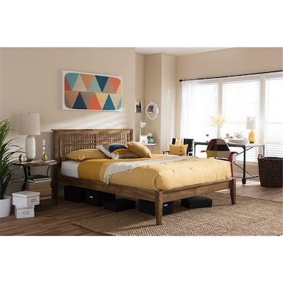 King Size Platform Bed Wood Frame - Walnut Finish, Storage, Headboard, Slats Included - HomeStock