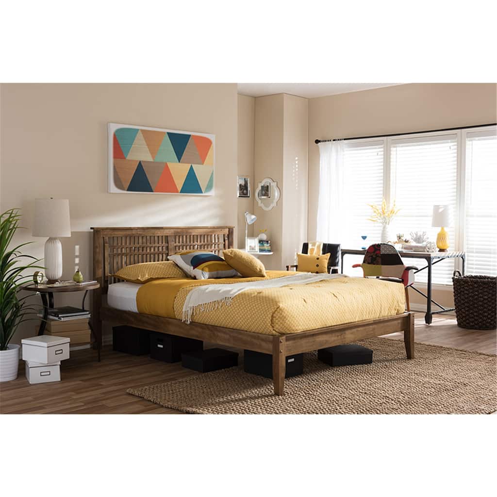 King Size Platform Bed Wood Frame - Walnut Finish, Storage, Headboard, Slats Included - HomeStock