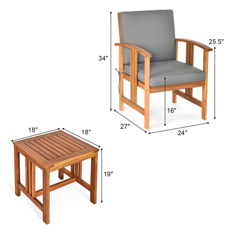 3PCS Patio Acacia Wood Sofa Set Conversation Set with Cushions