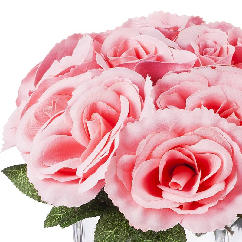 Enova Home Artificial Velvet Fake Roses Silk Flowers Arrangement in Cube Glass Vase with Faux Water for Home Decoration