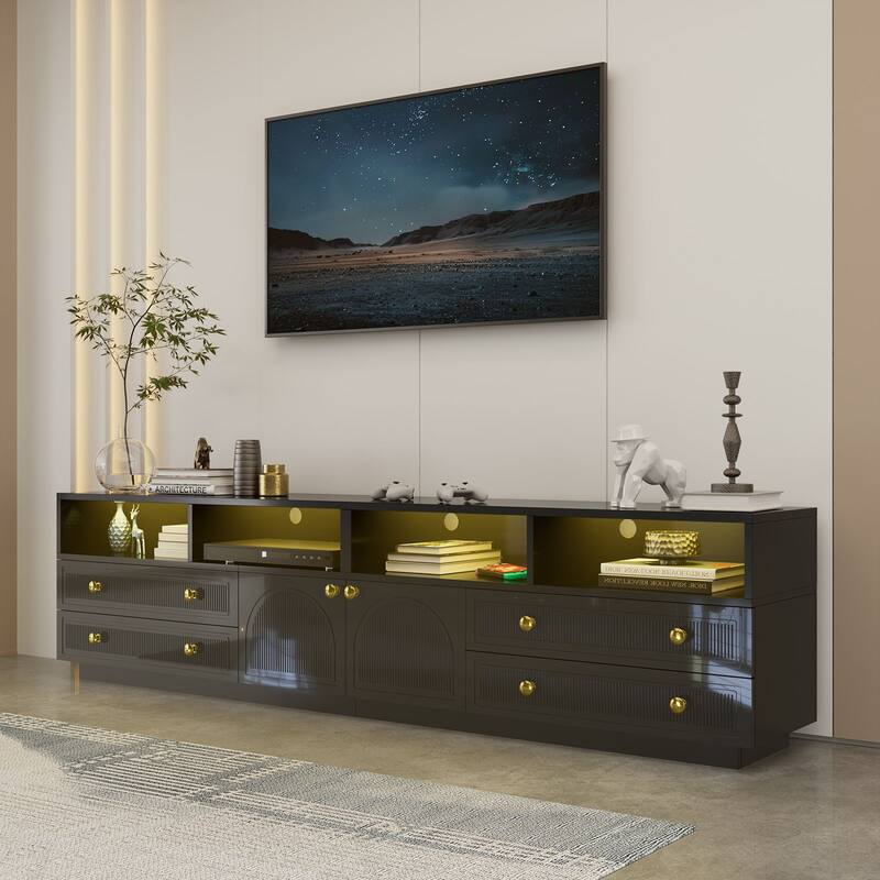 Gymojoy 86.6" LED TV Stand for 85-100 Inch TV, Modern Fluted Entertainment Center, 8 Drawers & Cabinet, Smart TV Console.