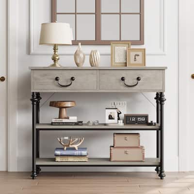 2-tier Farmhouse Console Table Narrow Entryway Table with Storage - 11.8"D x 43"W x 31.5"H