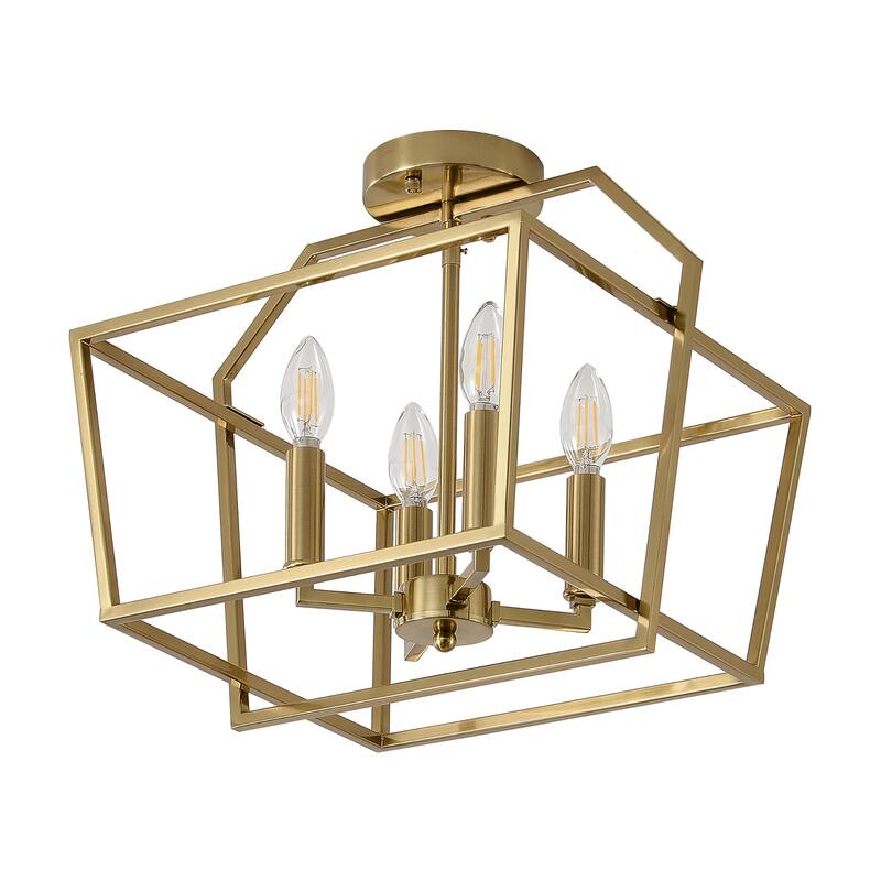 Modern 4 - Light Semi - Flush Mount, Gold Geometric Cube Design