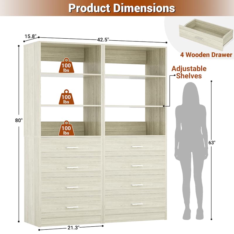 Freestanding Closet Organizer with 4 Drawers and 4 Shelves, Wooden Closet System for Walk-in Closet