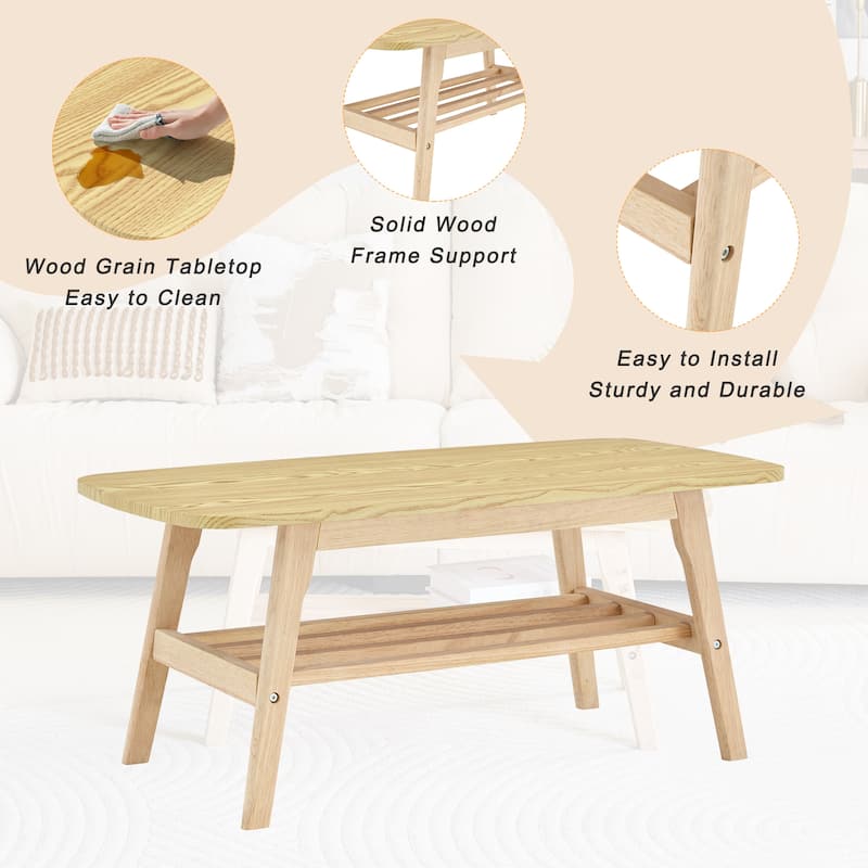 Solid Wood Coffee Table - 2-Tier Wooden Center Coffee Table with Storage Shelf for Living Room, Apartment, and Office