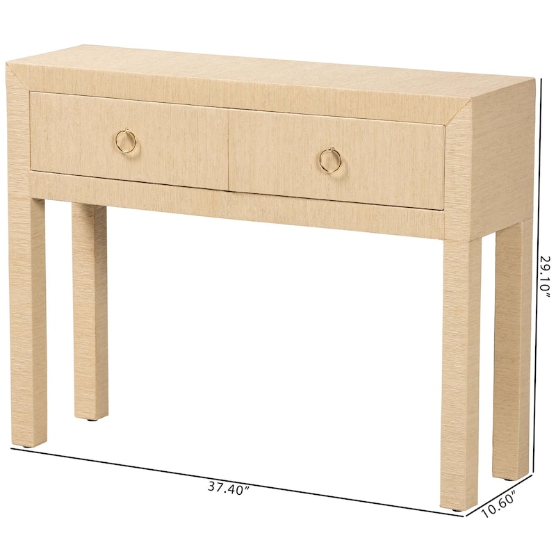 Noah Grasscloth 2-Drawer Console Table - Woven Texture Entryway Table with Gold Ring Pulls, Narrow Hallway or Living Room Accent