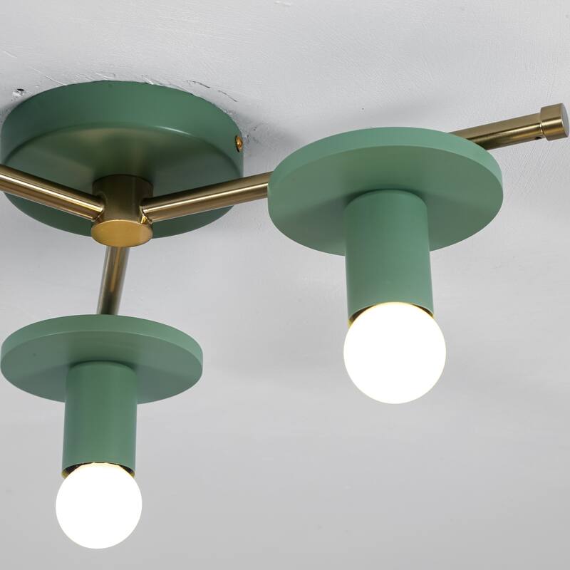 3-Light Modern Green/Black Sputnik Metal Wooden Semi-flush Mount Ceiling Light for Living Room