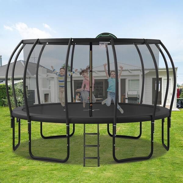 slide 2 of 7, 16ft Trampoline for Kids with Enclosure Upgraded ArcPole Composite Toploop Basketball Board and 12 Stakes 192 x 192 x 106.5 inch