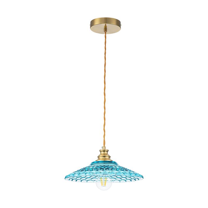 1-Light Vintage Brass & Textured Blue Glass Pendant Light for Kitchen Island, Dining Room - 1 Light