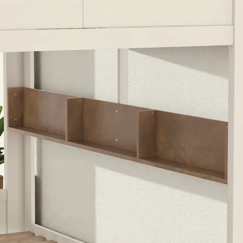 Queen Over Queen Solid Wood Bunk Bed with Storage Drawers and Shelves, Built In Hooks, No Box Spring