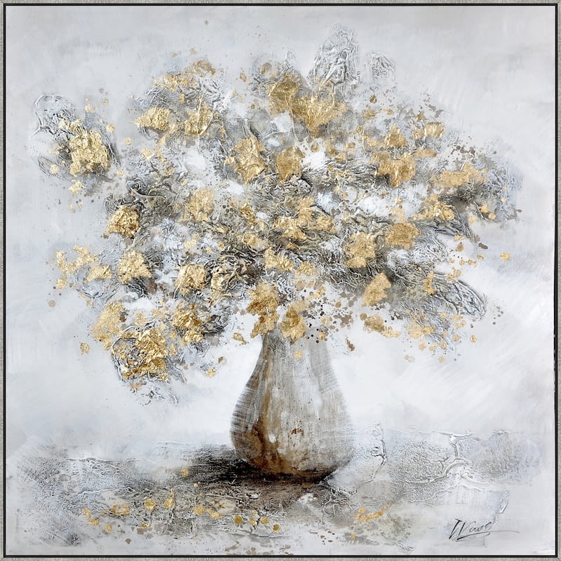 47 x 47 Modern Hand Painted Vase with Gold Foil Flowers and Silver Frame - Gray, White, Gold, Silver