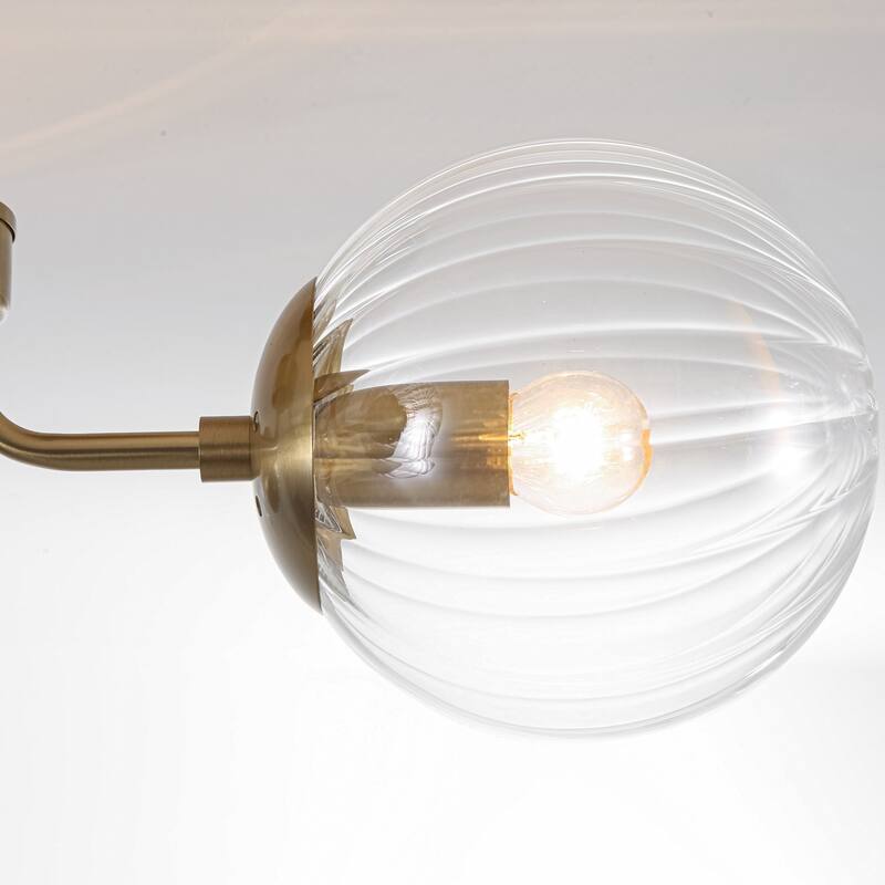 3-Light Mid-Century Modern Gold Sputnik Semi-Flush Mount Light with Clear Ribbed Glass Globe for Living Room, Entryway