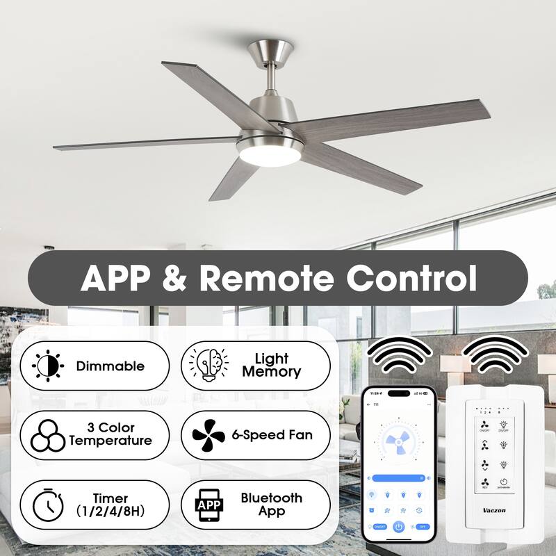 52" Modern Reversible 5-blade Brushed Nickel LED Smart Ceiling Fan with Light and APP