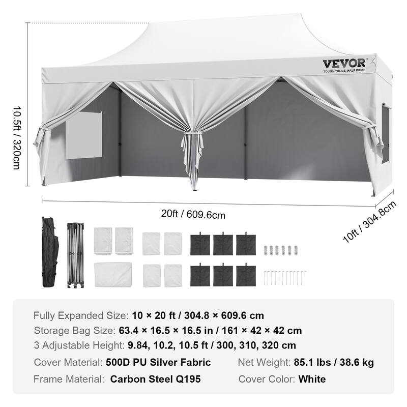 VEVOR Pop Up Canopy Tent Outdoor Gazebo Tent with Sidewalls & Bag White