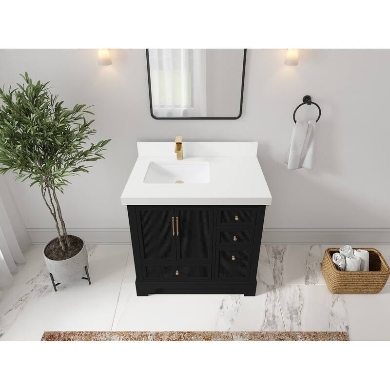 Willow Collections 36 in. W x 22 in. D Alys Left Offset Sink Bathroom Vanity with Countertop - 2"White Quartz - Black