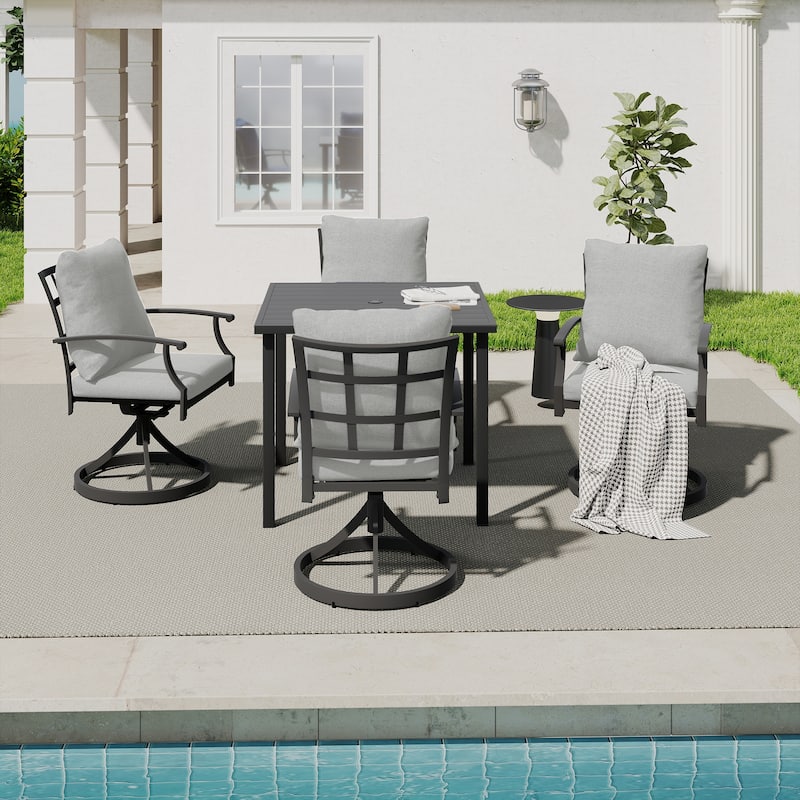 IvyGlow 5-Piece Black Metal Patio Dining Set with Square Table, 4 Swivel Dining Chairs and Gray Cushions