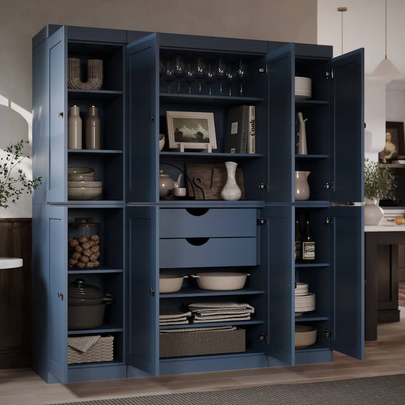 Palace Imports 100% Solid Wood 65" Pantry Cabinet with Shaker Doors, 2-Drawers and Adjustable Shelves - Antique Blue