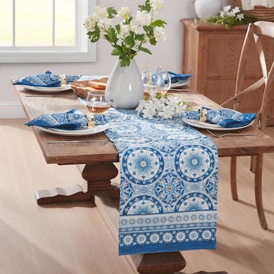 Vietri Medallion Blue Block Print Stain & Water Resistant Indoor/Outdoor Table Runner - 13x70