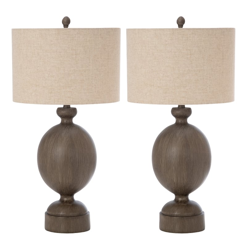 30-Inch Set of 2 Brown Geometric Table Lamps with Beige Cotton Drum Shade and Polyresin Base - 30”H x 6.25”W x 6.25”D