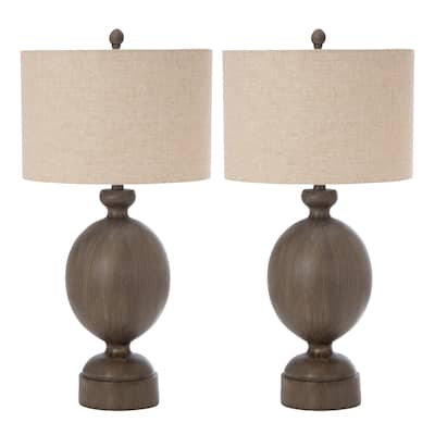 30-Inch Set of 2 Brown Geometric Table Lamps with Beige Cotton Drum Shade and Polyresin Base - 30”H x 6.25”W x 6.25”D