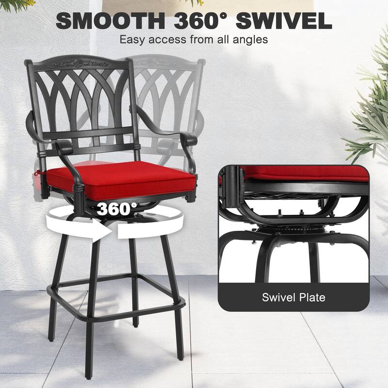 3PCS Cast Aluminum Outdoor Swivel Bar Set with Umbrella Hole, Olefin Cushions, Black and Red
