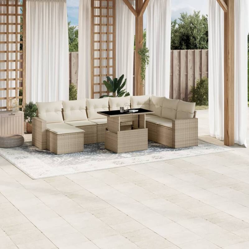 vidaXL Patio Sofa Set with Cushions Outdoor Furniture 9 Piece Poly Rattan - Beige and Cream-without storage - 21.7 x 39.4 x 27.2