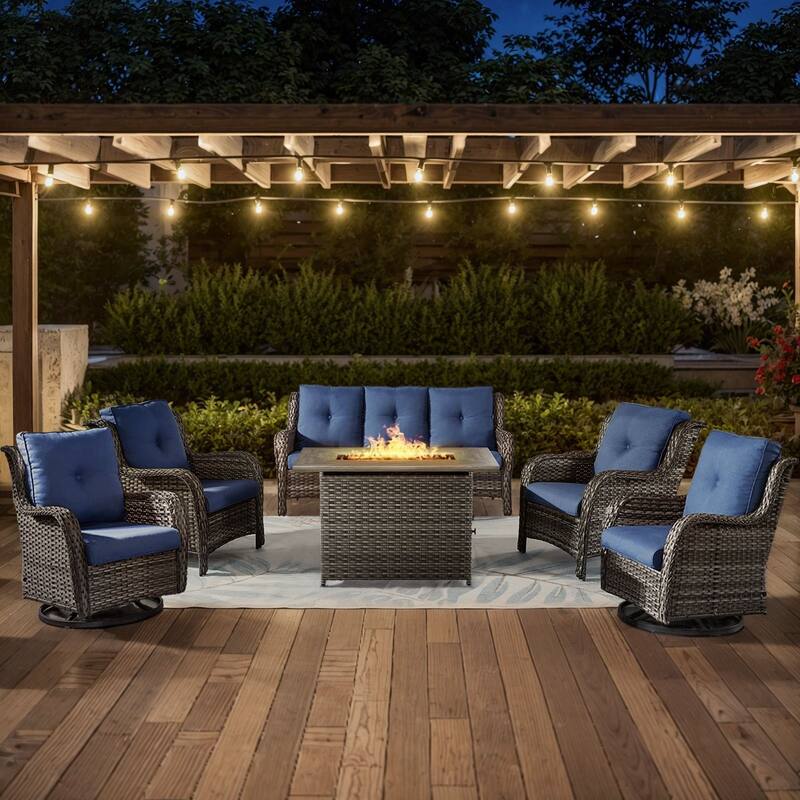 Gymojoy 6-Piece Outdoor Wicker Patio Furniture with Fire Pit, Rattan Coversation Set with Water Resistant Thick Cushions