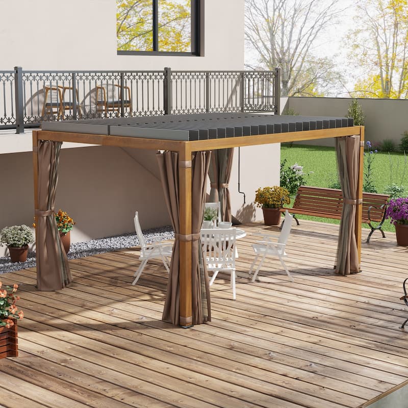 Outsunny 13' x 10' Outdoor Retractable Pergola with Sun Shade Aluminum Louvered Top, Pergola with Canopy, Curtains, and Netting - Brown