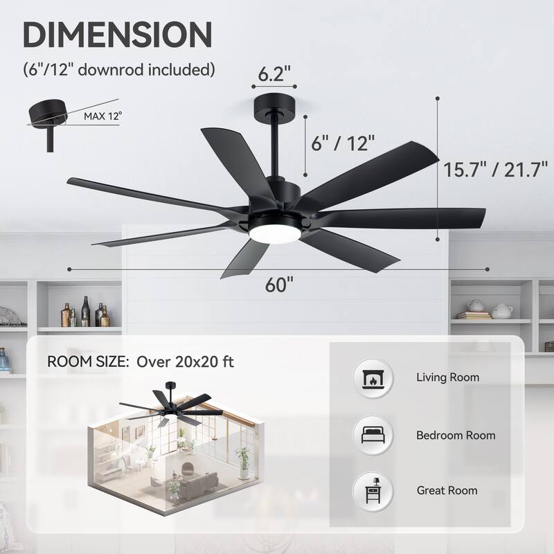 60" Mattle Black ABS 7-Blade LED Ceiling Fan with Light and Remote