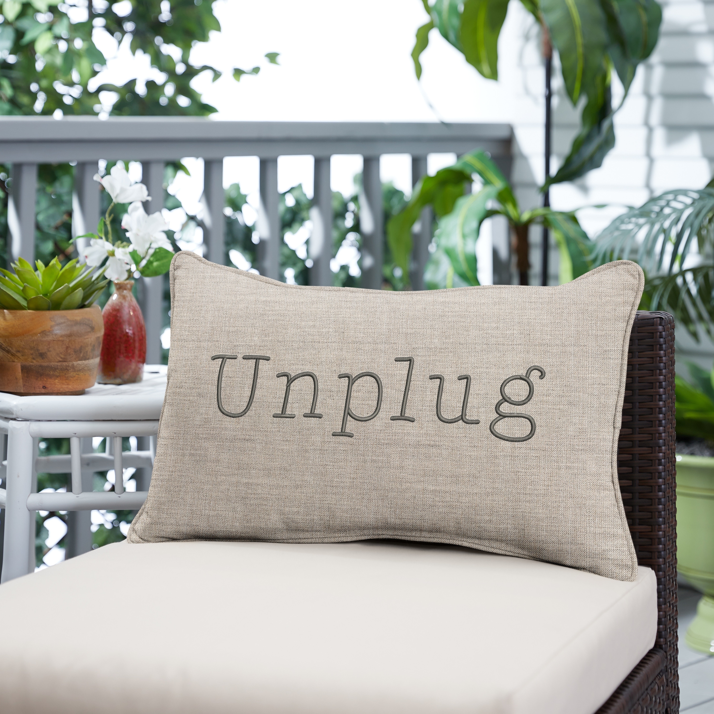 Sorra Home Indoor/Outdoor Sunbrella Lumbar "Unplug" Embroidered Pillow