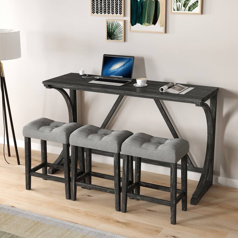 4-Piece Industrial Bar Table Set with Upholstered Stools, Grey Black Coffee Table Side Table with Wood Legs